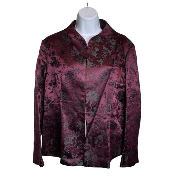 Vintage Silk Box Women's Burgundy Jacquard Asian Print Jacket Size 12 Regal Chic - Picture 1 of 10